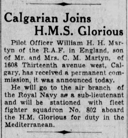 Calgary Herald, 29 July 1938: Appointed to HMS Glorious