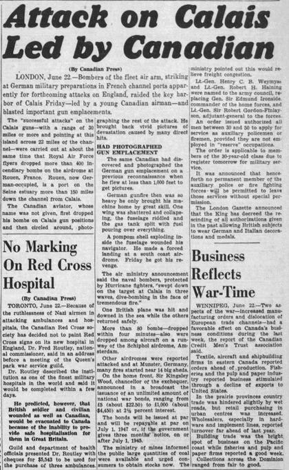 The Leader-Post, 22 June 1940: Attack on Calais led by a Canadian