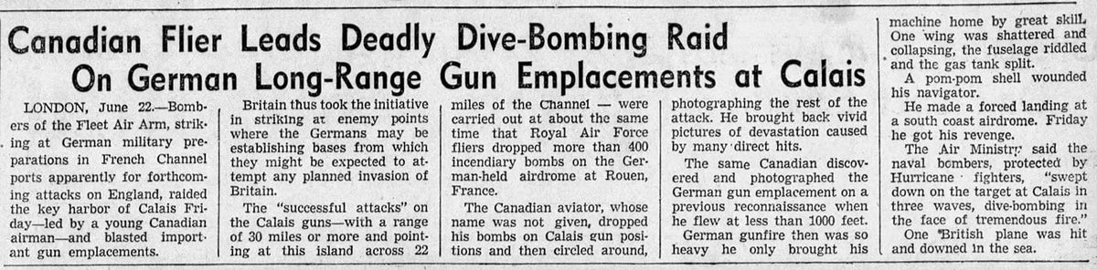 Newspaper cutting, The Vancouver Sun, 22 June 1940