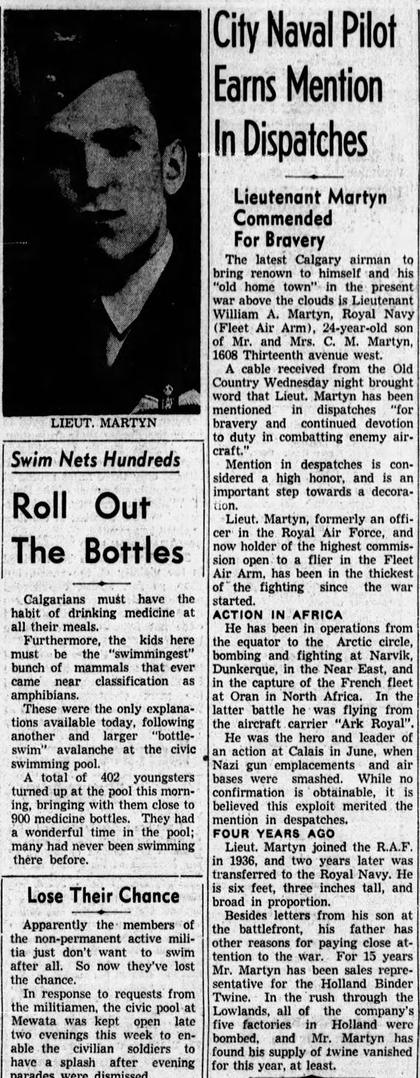 Calgary Herald, 29 August 1940: Mentioned in Despatches