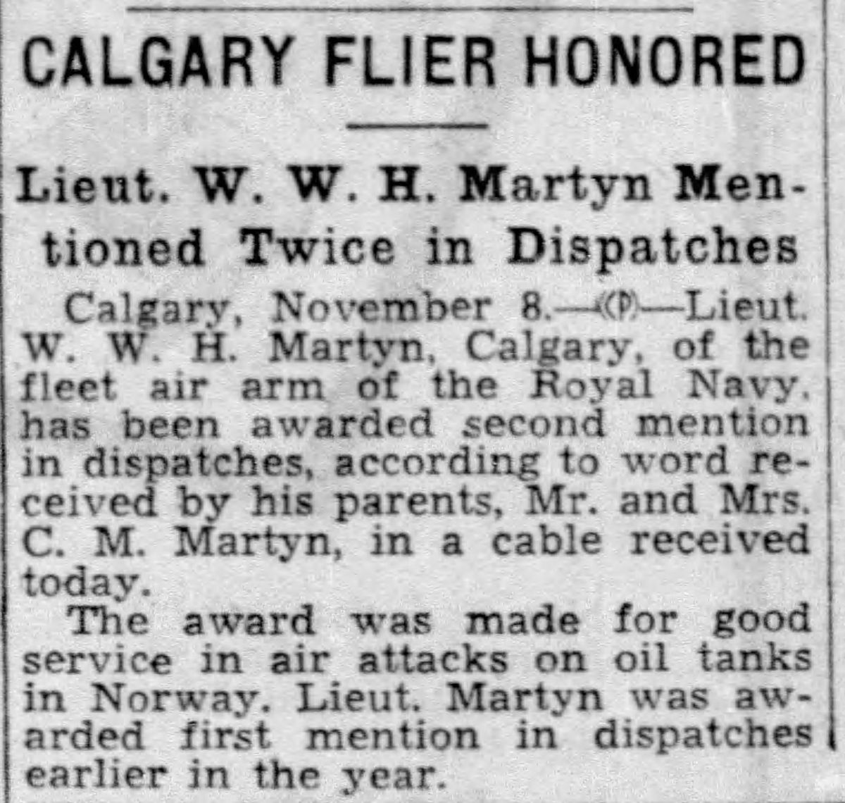 Newspaper cutting, The Gazette, 9 November 1940