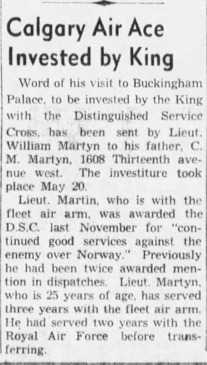 Calgary Herald, 18 June 1941: Calgary ace invested by the King
