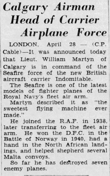 The Ottawa Citizen, 28 April 1943: Command of Indomitable’s Seafires
