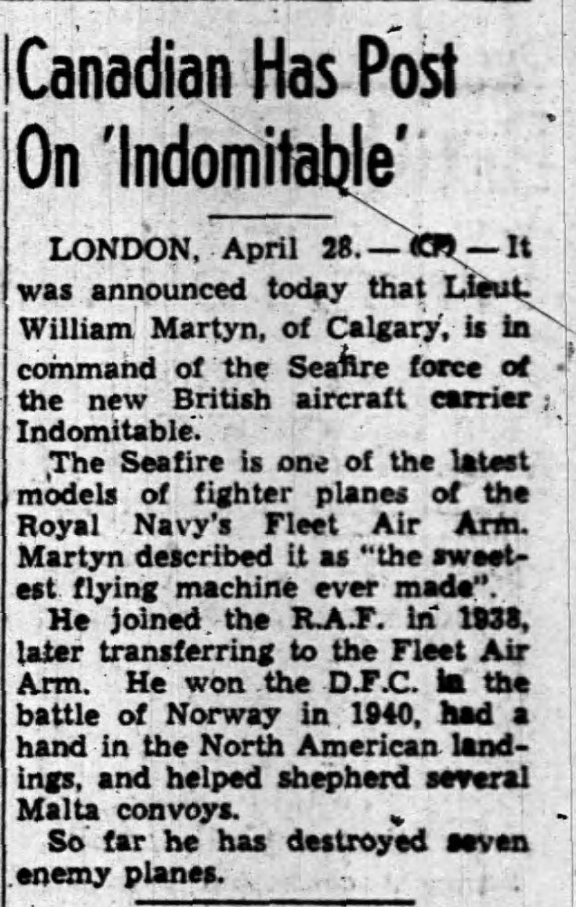 Newspaper cutting, The Ottawa Journal, 28 April 1943
