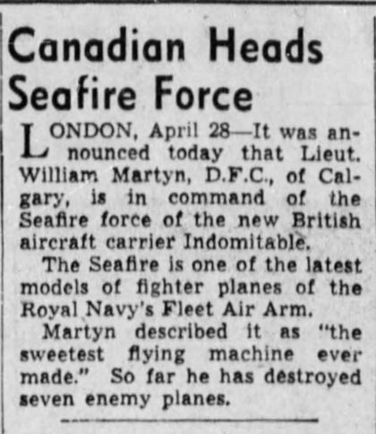 The Winnipeg Tribune, 29 April 1943: Canadian heads Seafire force