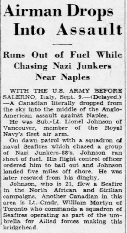 The Windsor Star, 14 September 1943: Mentioned near Naples