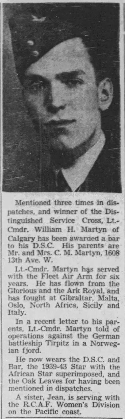 Calgary Herald, 12 September 1944: Bar to the DSC
