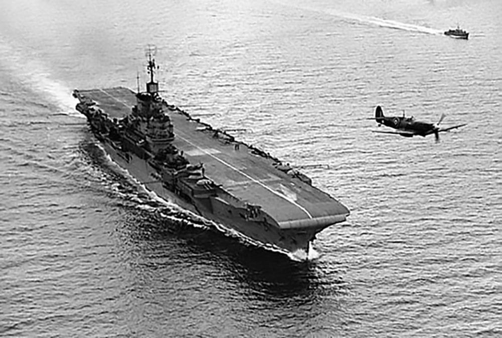 A Seafire over HMS Indomitable, 1943